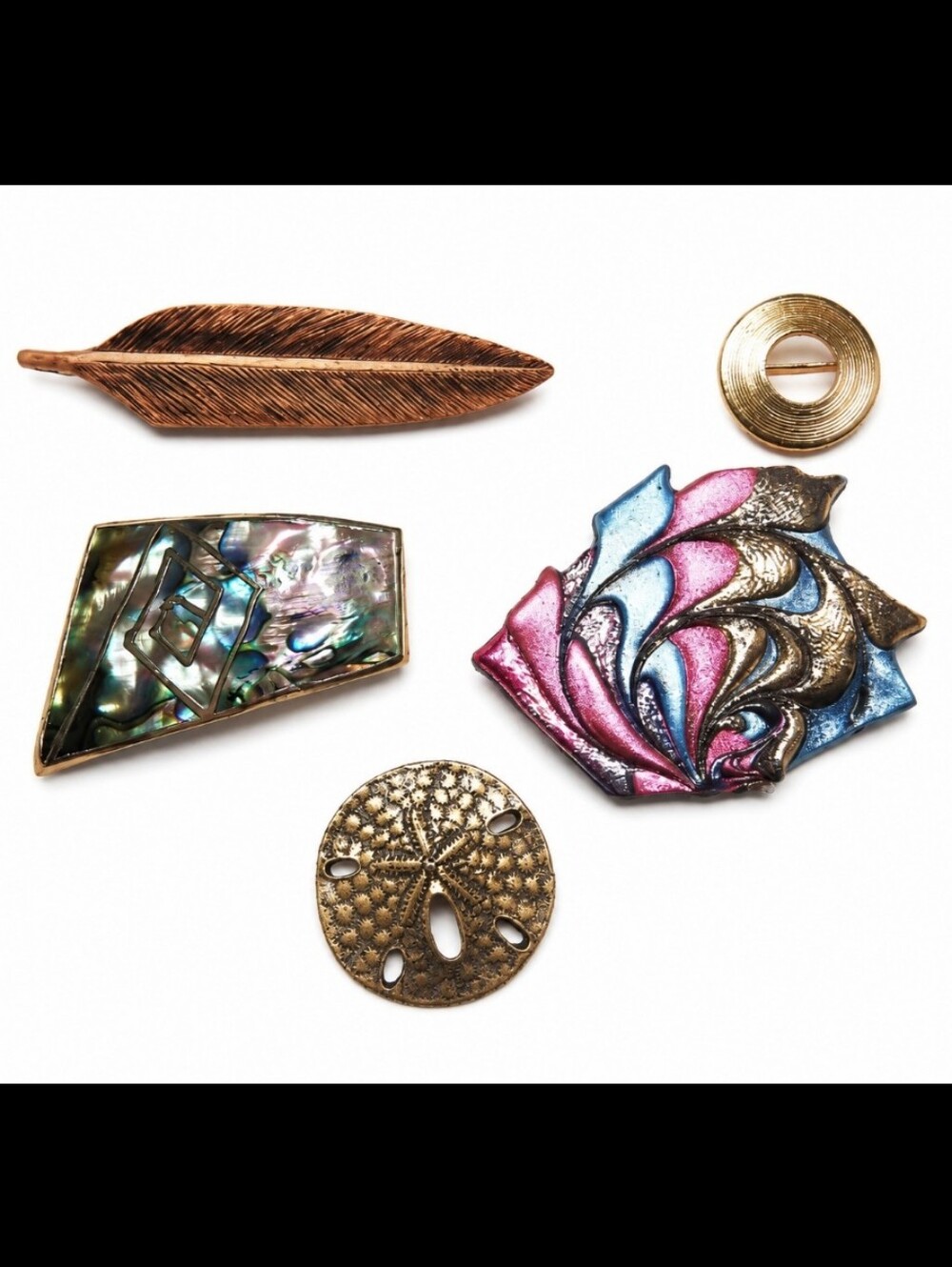 Vintage Grandma  Jewelry Brooch Lot Enamel Abalone Feather Gold Tone Pin